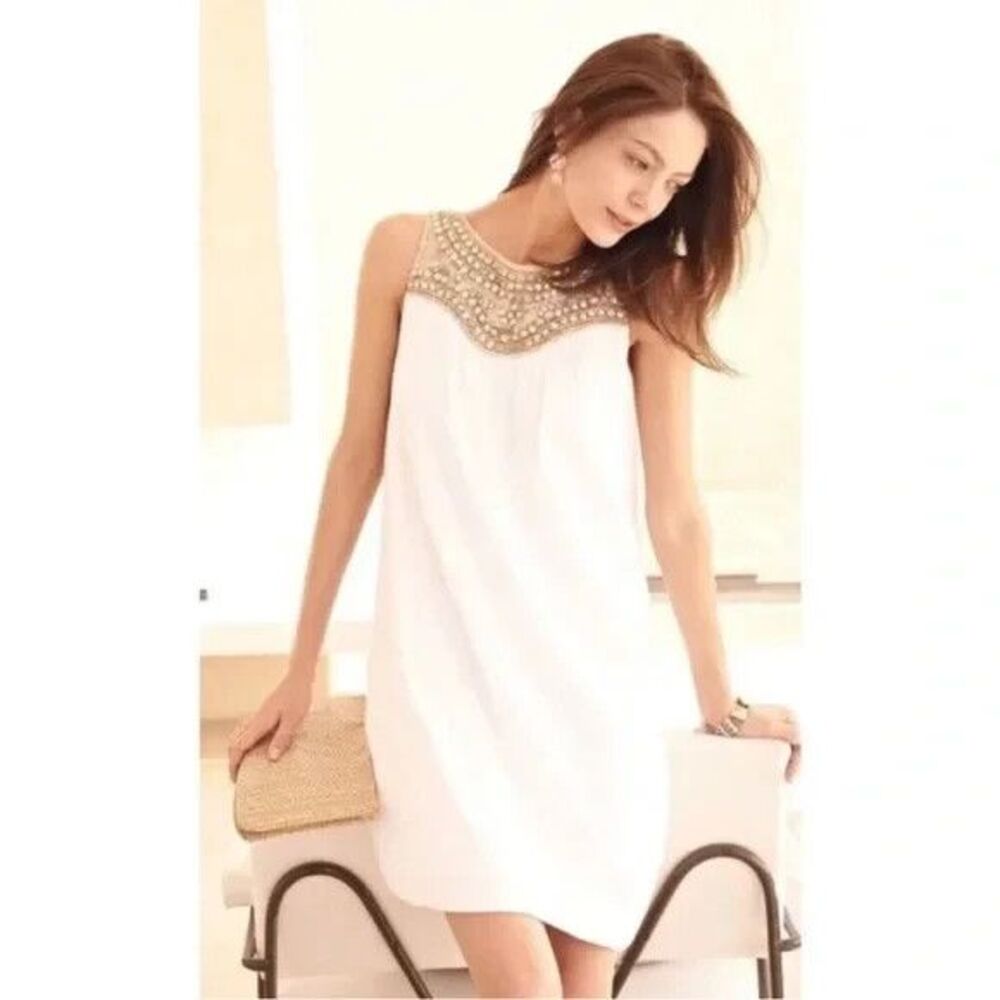 Anthropologie Maeve Dress Womens Size 0 Graced White Beaded Jeweled Swing New